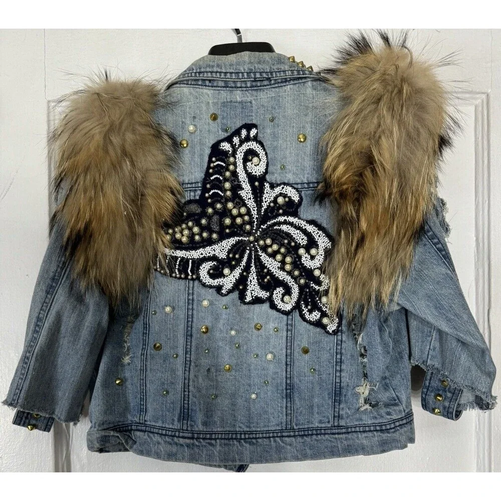 Custom Fox‎ Fur Denim Spiked Jacket Jeans Rock Metal Punk Luxury Glam Large - Picture 2 of 7